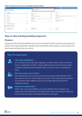 35
Seamless Data Migration to Oracle Fusion Cloud
Assigning roles and responsibilities to users ensures they have the necessary permissions to
perform their tasks during the migration. Each role deﬁnes what actions a user can take and
which data and tools they can access.
Step 2.2: Role and Responsibility Assignment
Purpose:
Why This Step Exists?
Clear Role Deﬁnitions:
In a complex process like data migration, confusion about roles can lead to
errors or duplication of eﬀorts. Clearly deﬁned roles ensure that every team
member understands their speciﬁc duties and knows what is expected of
them.
Security and Access Control:
Role assignment ensures that users only have access to the speciﬁc areas
they need to work on, minimizing security risks. This is especially important in
environments where diﬀerent teams may handle diﬀerent parts of the
migration process.
Improved Collaboration:
When roles and responsibilities are clearly deﬁned, team members can
collaborate more eﬀectively. This reduces the chance of overlap in tasks and
ensures that everyone is working towards the same goal.
 