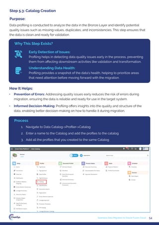 54
Seamless Data Migration to Oracle Fusion Cloud
Data proﬁling is conducted to analyze the data in the Bronze Layer and identify potential
quality issues such as missing values, duplicates, and inconsistencies. This step ensures that
the data is clean and ready for validation.
Step 5.3: Catalog Creation
Purpose:
Why This Step Exists?
Early Detection of Issues:
Proﬁling helps in detecting data quality issues early in the process, preventing
them from aﬀecting downstream activities like validation and transformation.
Understanding Data Health:
Proﬁling provides a snapshot of the data's health, helping to prioritize areas
that need attention before moving forward with the migration.
• Prevention of Errors: Addressing quality issues early reduces the risk of errors during
migration, ensuring the data is reliable and ready for use in the target system.
• Informed Decision-Making: Proﬁling oﬀers insights into the quality and structure of the
data, enabling better decision-making on how to handle it during migration.
How It Helps:
1. Navigate to Data Catalog->Proﬁler->Catalog
2. Enter a name to the Catalog and add the proﬁles to the catalog
3. Add all the proﬁles that you created to the same Catalog
Process
 