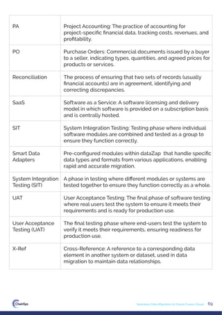 69
Seamless Data Migration to Oracle Fusion Cloud
PA
PO
Reconciliation
SaaS
SIT
Smart Data
Adapters
System Integration
Testing (SIT)
UAT
User Acceptance
Testing (UAT)
X-Ref
Project Accounting: The practice of accounting for
project-speciﬁc ﬁnancial data, tracking costs, revenues, and
proﬁtability.
Purchase Orders: Commercial documents issued by a buyer
to a seller, indicating types, quantities, and agreed prices for
products or services.
The process of ensuring that two sets of records (usually
ﬁnancial accounts) are in agreement, identifying and
correcting discrepancies.
Software as a Service: A software licensing and delivery
model in which software is provided on a subscription basis
and is centrally hosted.
System Integration Testing: Testing phase where individual
software modules are combined and tested as a group to
ensure they function correctly.
Pre-conﬁgured modules within dataZap that handle speciﬁc
data types and formats from various applications, enabling
rapid and accurate migration.
A phase in testing where diﬀerent modules or systems are
tested together to ensure they function correctly as a whole.
User Acceptance Testing: The ﬁnal phase of software testing
where real users test the system to ensure it meets their
requirements and is ready for production use.
The ﬁnal testing phase where end-users test the system to
verify it meets their requirements, ensuring readiness for
production use.
Cross-Reference: A reference to a corresponding data
element in another system or dataset, used in data
migration to maintain data relationships.
 