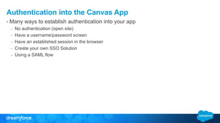 Authentication into the Canvas App 
• Many ways to establish authentication into your app 
– No authentication (open site) 
– Have a username/password screen 
– Have an established session in the browser 
– Create your own SSO Solution 
– Using a SAML flow 
 
