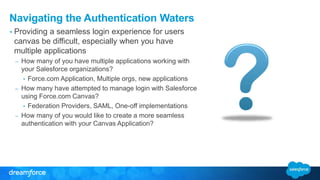 Navigating the Authentication Waters 
• Providing a seamless login experience for users 
canvas be difficult, especially when you have 
multiple applications 
– How many of you have multiple applications working with 
your Salesforce organizations? 
• Force.com Application, Multiple orgs, new applications 
– How many have attempted to manage login with Salesforce 
using Force.com Canvas? 
• Federation Providers, SAML, One-off implementations 
– How many of you would like to create a more seamless 
authentication with your Canvas Application? 
 
