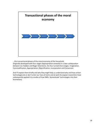 …the transactional phases of the moral economy of the household.
Originally developed with four stages (Appropriation onwards) in a later collaboration
between Les Haddon and Roger Silverstone, the four turned into 6 stages. Imagination,
Commodification, Appropriation, Objectification, Incorporation and Conversion.

And I’ll explain them briefly and why they might help us understand why and how certain
technologies do or don’t enter our lives at home and at work (European researchers have
subsequently applied it to studies of how SMEs ‘domesticate’ technologies into their
businesses).




                                                                                          18
 