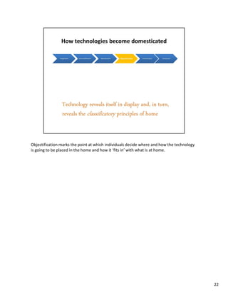 Objectification marks the point at which individuals decide where and how the technology
is going to be placed in the home and how it ‘fits in’ with what is at home.




                                                                                           22
 