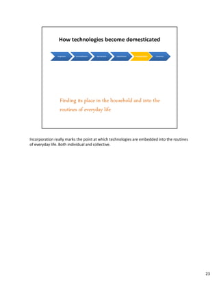Incorporation really marks the point at which technologies are embedded into the routines
of everyday life. Both individual and collective.




                                                                                            23
 