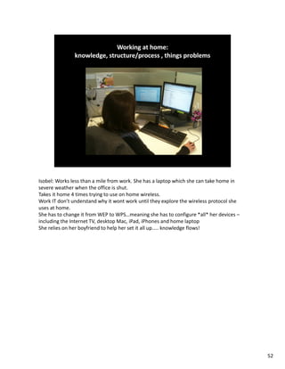 Isobel: Works less than a mile from work. She has a laptop which she can take home in
severe weather when the office is shut.
Takes it home 4 times trying to use on home wireless.
Work IT don’t understand why it wont work until they explore the wireless protocol she
uses at home.
She has to change it from WEP to WPS…meaning she has to configure *all* her devices –
including the Internet TV, desktop Mac, iPad, iPhones and home laptop
She relies on her boyfriend to help her set it all up….. knowledge flows!




                                                                                         52
 