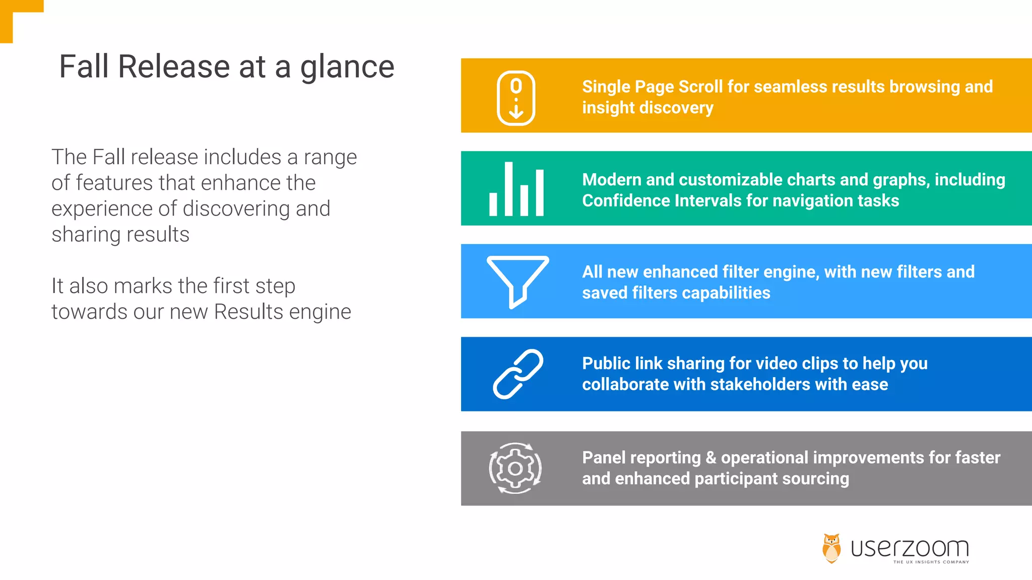 Fall Release at a glance Single Page Scroll for seamless results browsing and
insight discovery
Modern and customizable charts and graphs, including
Confidence Intervals for navigation tasks
All new enhanced filter engine, with new filters and
saved filters capabilities
The Fall release includes a range
of features that enhance the
experience of discovering and
sharing results
It also marks the first step
towards our new Results engine
Public link sharing for video clips to help you
collaborate with stakeholders with ease
Public link sharing for video clips to help you
collaborate with stakeholders with ease
Panel reporting & operational improvements for faster
and enhanced participant sourcing
 