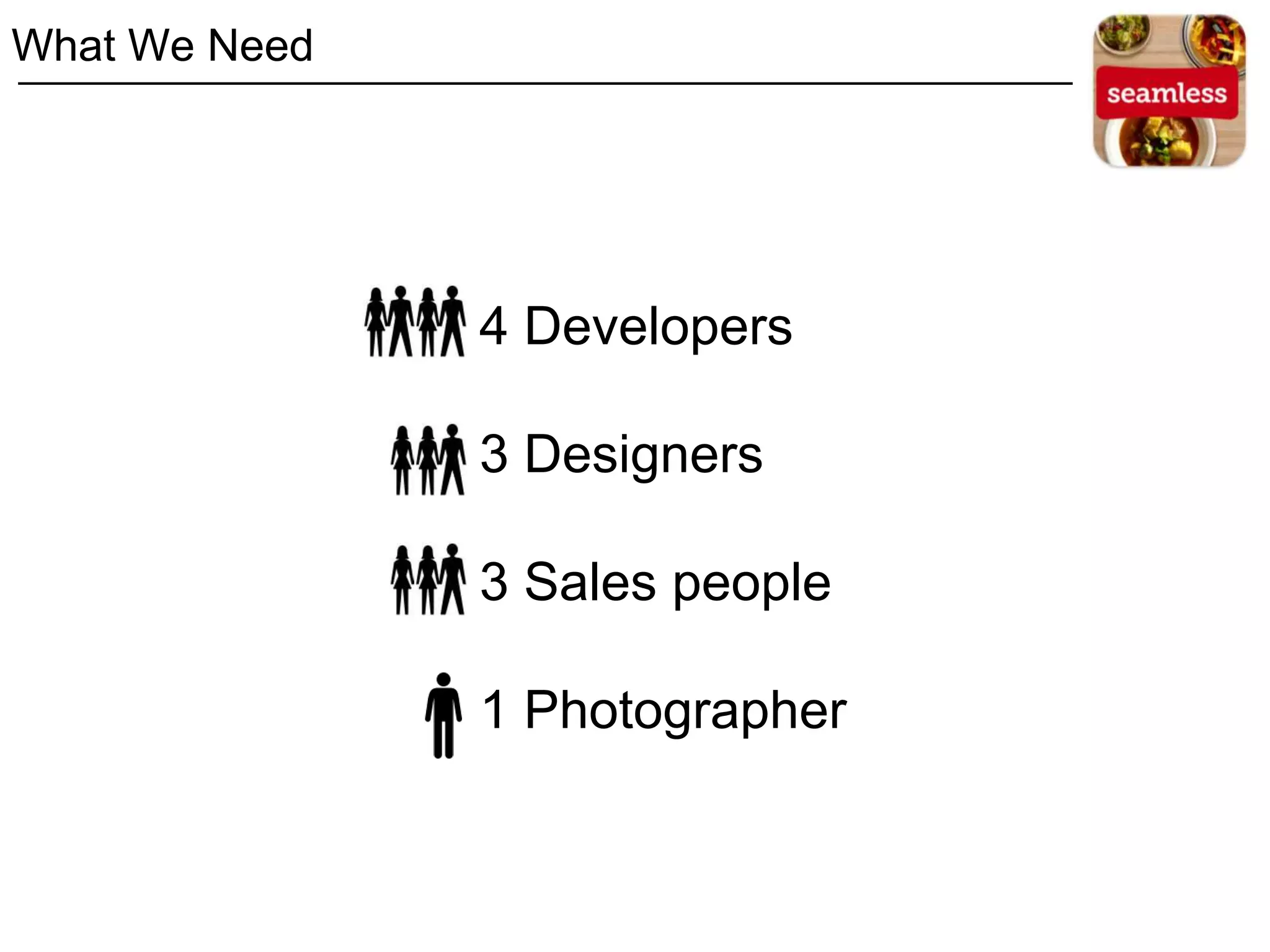 4 Developers
3 Designers
3 Sales people
1 Photographer
What We Need
 