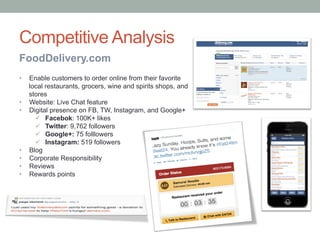 Competitive Analysis
FoodDelivery.com
•  Enable customers to order online from their favorite
local restaurants, grocers, wine and spirits shops, and
stores
•  Website: Live Chat feature
•  Digital presence on FB, TW, Instagram, and Google+
ü  Facebok: 100K+ likes
ü  Twitter: 9,762 followers
ü  Google+: 75 folllowers
ü  Instagram: 519 followers
•  Blog
•  Corporate Responsibility
•  Reviews
•  Rewards points
 
