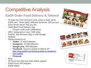 Competitive Analysis
Eat24 Order Food Delivery & Takeout
•  To keep you from having to cook, shop or wear pants.
Eat24.com. Order today, leftovers tomorrow. Did you just
solve dinner twice? Yes you did.
•  Voted Best Food Delivery App
•  Coupon code push notifications
•  25K+ restaurants in over 1000 cities
•  PayPal, Yelp Reviews Sign in with Google
•  Website
•  Digital presence on:
ü  Twitter: 37,400 Followers
ü  Instagram: 10,058 followers
ü  Google plus: 800 followers
ü  Facebook: Account closed on March 27th
http://blog.eat24.com/breakup-letter-to-facebook-
from-eat24/
ü  Pinterest
•  Blog
•  24 hours live chat and order status support
•  Eat24 hours VIP program
•  Eat24 Notes
 