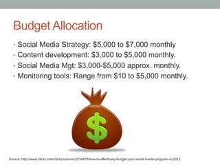 Budget Allocation
•  Social Media Strategy: $5,000 to $7,000 monthly
•  Content development: $3,000 to $5,000 monthly.
•  Social Media Mgt: $3,000-$5,000 approx. monthly.
•  Monitoring tools: Range from $10 to $5,000 monthly.
Source: http://www.clickz.com/clickz/column/2234878/how-to-effectively-budget-your-social-media-program-in-2013
 