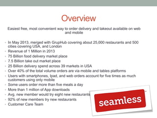 Overview
Easiest free, most convenient way to order delivery and takeout available on web
and mobile
•  In May 2013, merged with GrupHub covering about 25,000 restaurants and 500
cities covering USA, and London
•  Revenue of 1 Million in 2013
•  75 Billion food delivery market place
•  7.5 Billion take out market place
•  25 Billion delivery spend across 39 markets in USA
•  Over 40% of the total volume orders are via mobile and tables platforms
•  Users with smartphones, Ipad, and web orders account for five times as much
customers using only mobile
•  Some users order more than five meals a day
•  More than 1 million of App downloads
•  Avg. new member would try eight new restaurants
•  92% of new members try new restaurants
•  Customer Care Team
 