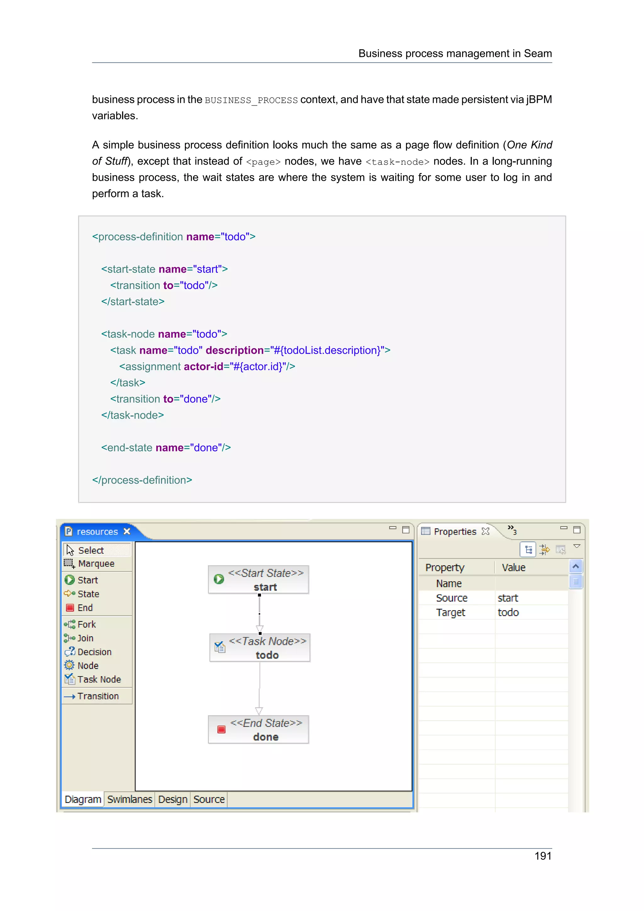 Business process management in Seam



business process in the BUSINESS_PROCESS context, and have that state made persistent via jBPM
variables.

A simple business process definition looks much the same as a page flow definition (One Kind
of Stuff), except that instead of <page> nodes, we have <task-node> nodes. In a long-running
business process, the wait states are where the system is waiting for some user to log in and
perform a task.


<process-definition name="todo">


 <start-state name="start">
   <transition to="todo"/>
 </start-state>


 <task-node name="todo">
   <task name="todo" description="#{todoList.description}">
     <assignment actor-id="#{actor.id}"/>
   </task>
   <transition to="done"/>
 </task-node>


 <end-state name="done"/>


</process-definition>




                                                                                          191
 