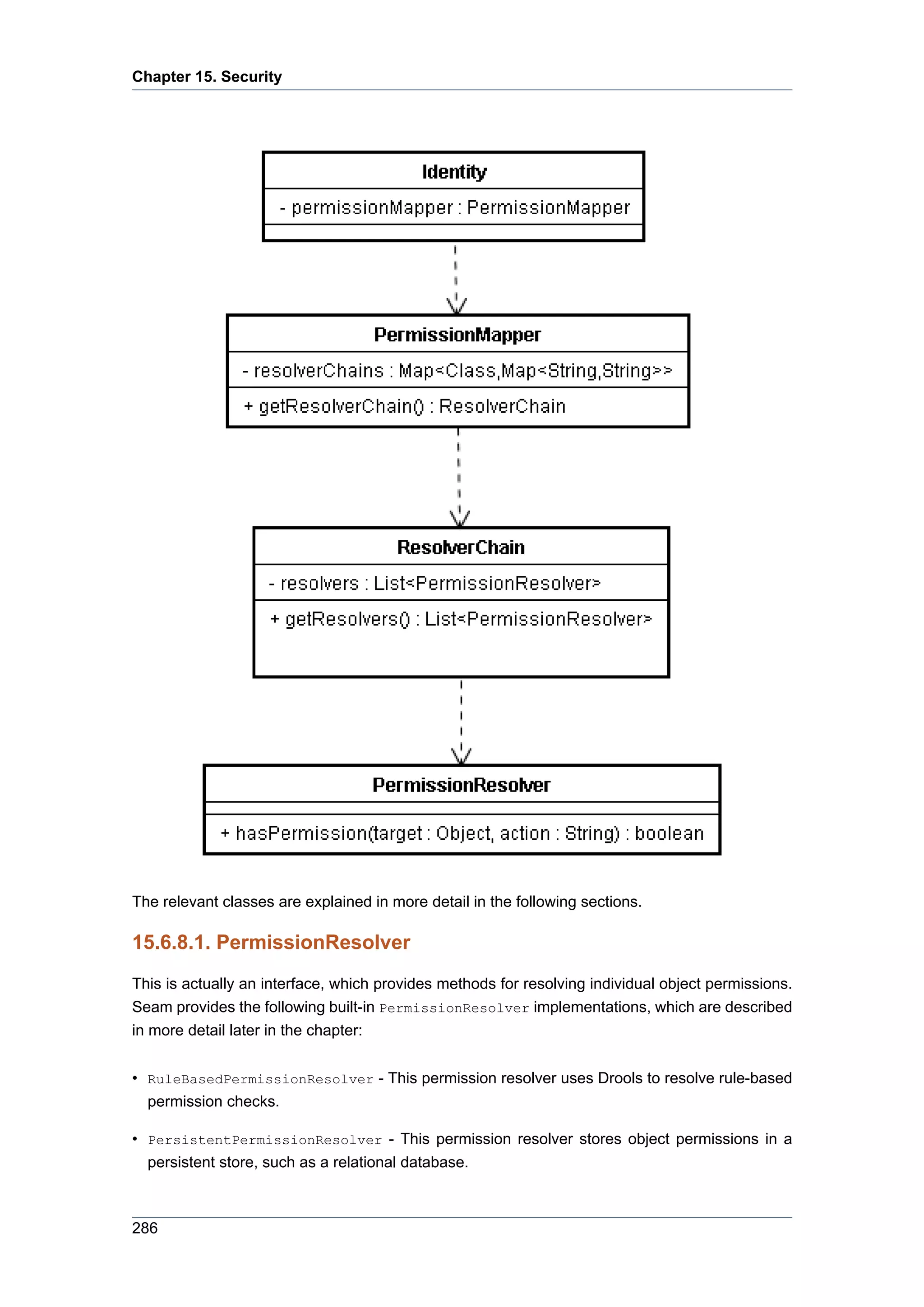 Chapter 15. Security




The relevant classes are explained in more detail in the following sections.

15.6.8.1. PermissionResolver
This is actually an interface, which provides methods for resolving individual object permissions.
Seam provides the following built-in PermissionResolver implementations, which are described
in more detail later in the chapter:


• RuleBasedPermissionResolver - This permission resolver uses Drools to resolve rule-based
  permission checks.

• PersistentPermissionResolver - This permission resolver stores object permissions in a
  persistent store, such as a relational database.



286
 