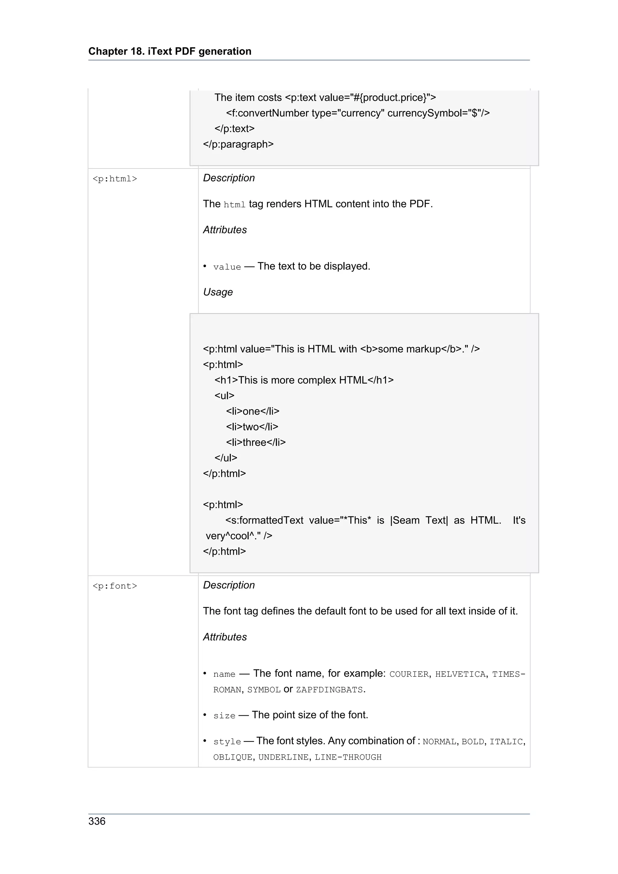 Chapter 18. iText PDF generation



                        The item costs <p:text value="#{product.price}">
                           <f:convertNumber type="currency" currencySymbol="$"/>
                        </p:text>
                      </p:paragraph>


<p:html>              Description

                      The html tag renders HTML content into the PDF.

                      Attributes


                      • value — The text to be displayed.

                      Usage




                      <p:html value="This is HTML with <b>some markup</b>." />
                      <p:html>
                        <h1>This is more complex HTML</h1>
                        <ul>
                           <li>one</li>
                           <li>two</li>
                           <li>three</li>
                        </ul>
                      </p:html>


                      <p:html>
                           <s:formattedText value="*This* is |Seam Text| as HTML.              It's
                      very^cool^." />
                      </p:html>


<p:font>              Description

                      The font tag defines the default font to be used for all text inside of it.

                      Attributes


                      • name — The font name, for example: COURIER, HELVETICA, TIMES-
                        ROMAN, SYMBOL or ZAPFDINGBATS.

                      • size — The point size of the font.

                      • style — The font styles. Any combination of : NORMAL, BOLD, ITALIC,
                        OBLIQUE, UNDERLINE, LINE-THROUGH




336
 