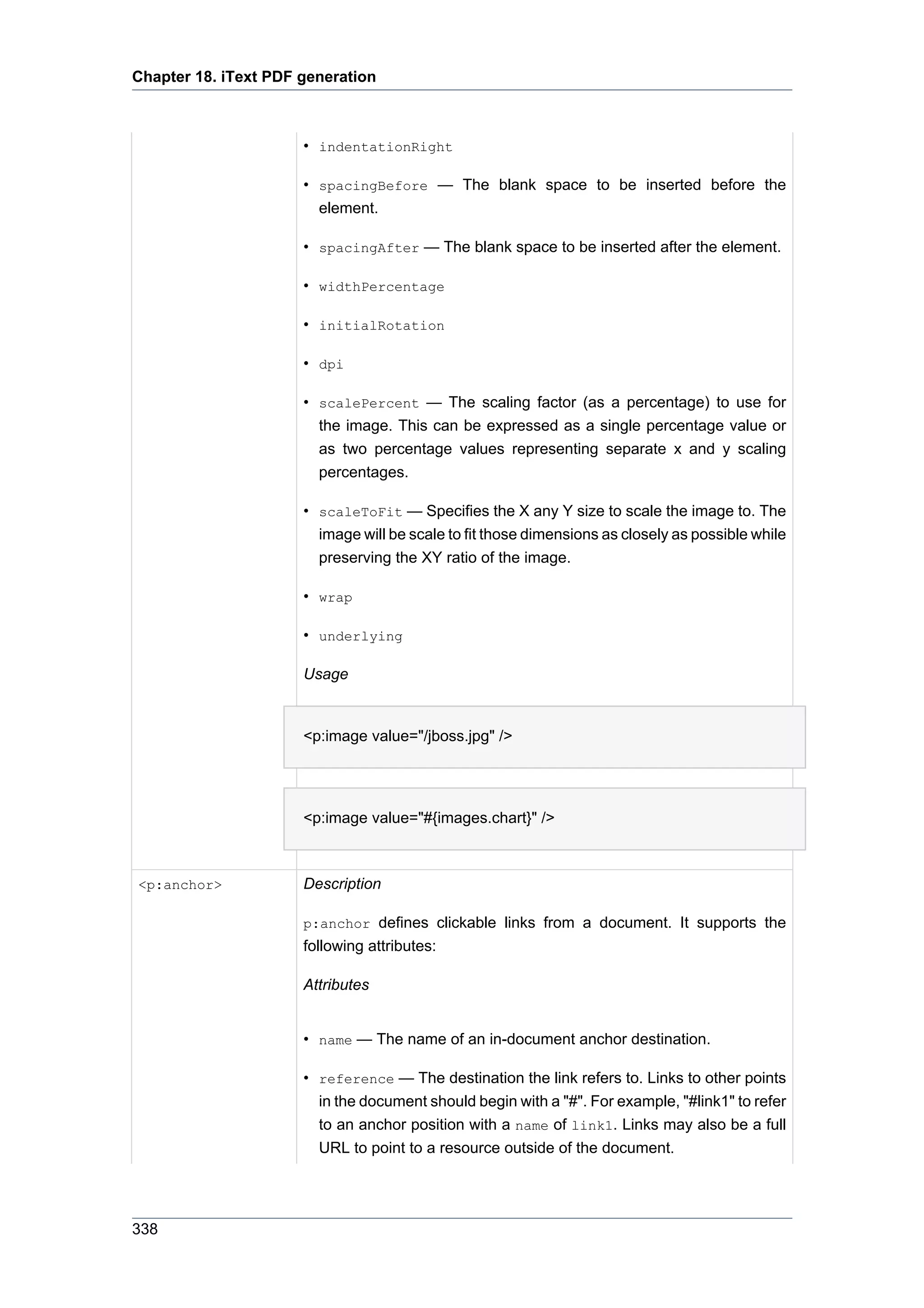 Chapter 18. iText PDF generation



                      • indentationRight

                      • spacingBefore — The blank space to be inserted before the
                        element.

                      • spacingAfter — The blank space to be inserted after the element.

                      • widthPercentage

                      • initialRotation

                      • dpi

                      • scalePercent — The scaling factor (as a percentage) to use for
                        the image. This can be expressed as a single percentage value or
                        as two percentage values representing separate x and y scaling
                        percentages.

                      • scaleToFit — Specifies the X any Y size to scale the image to. The
                        image will be scale to fit those dimensions as closely as possible while
                        preserving the XY ratio of the image.

                      • wrap

                      • underlying

                      Usage


                      <p:image value="/jboss.jpg" />




                      <p:image value="#{images.chart}" />



<p:anchor>            Description

                      p:anchor defines clickable links from a document. It supports the
                      following attributes:

                      Attributes


                      • name — The name of an in-document anchor destination.

                      • reference — The destination the link refers to. Links to other points
                        in the document should begin with a "#". For example, "#link1" to refer
                        to an anchor position with a name of link1. Links may also be a full
                        URL to point to a resource outside of the document.




338
 