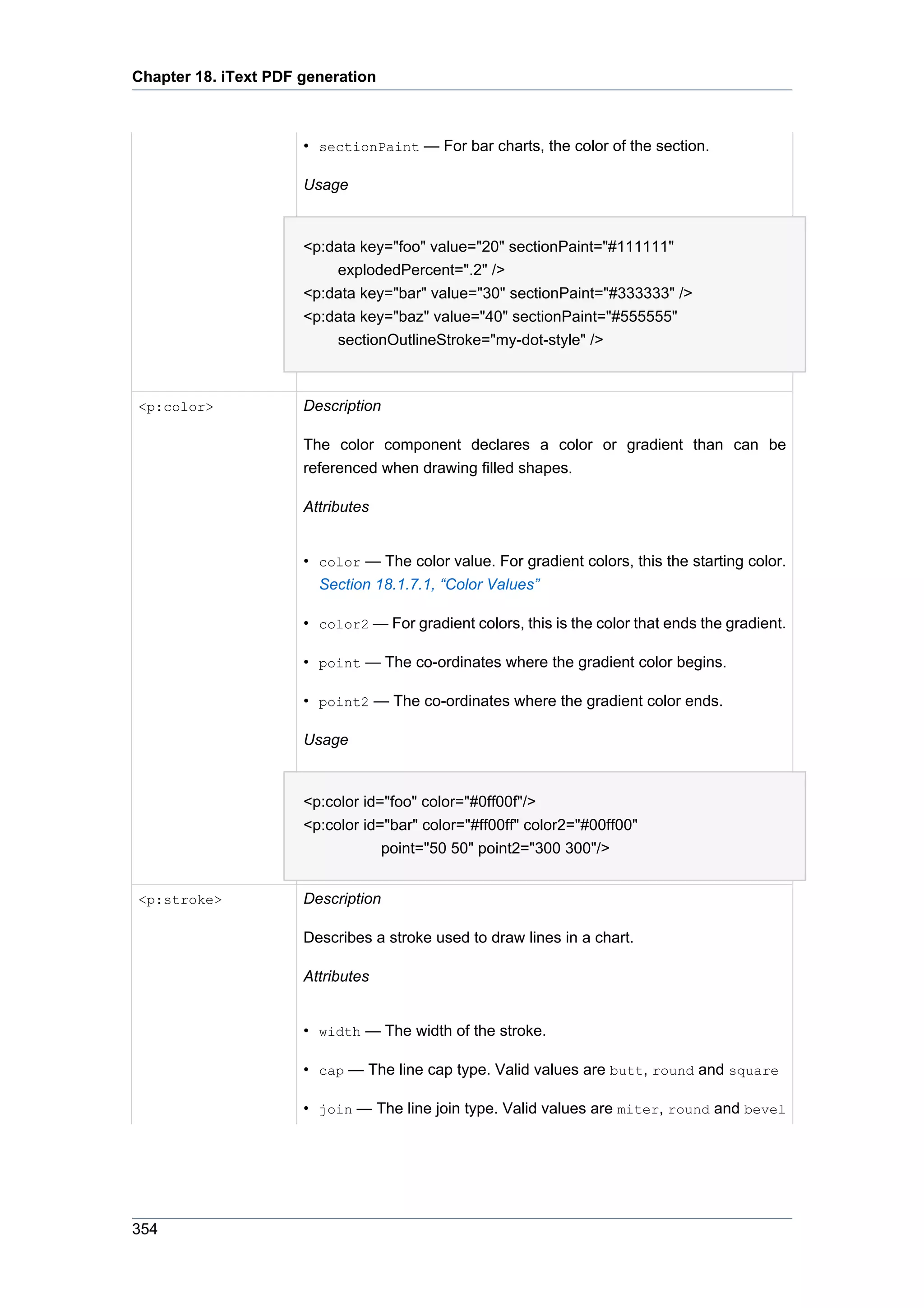Chapter 18. iText PDF generation



                      • sectionPaint — For bar charts, the color of the section.

                      Usage


                      <p:data key="foo" value="20" sectionPaint="#111111"
                          explodedPercent=".2" />
                      <p:data key="bar" value="30" sectionPaint="#333333" />
                      <p:data key="baz" value="40" sectionPaint="#555555"
                          sectionOutlineStroke="my-dot-style" />



<p:color>             Description

                      The color component declares a color or gradient than can be
                      referenced when drawing filled shapes.

                      Attributes


                      • color — The color value. For gradient colors, this the starting color.
                        Section 18.1.7.1, “Color Values”

                      • color2 — For gradient colors, this is the color that ends the gradient.

                      • point — The co-ordinates where the gradient color begins.

                      • point2 — The co-ordinates where the gradient color ends.

                      Usage


                      <p:color id="foo" color="#0ff00f"/>
                      <p:color id="bar" color="#ff00ff" color2="#00ff00"
                                  point="50 50" point2="300 300"/>


<p:stroke>            Description

                      Describes a stroke used to draw lines in a chart.

                      Attributes


                      • width — The width of the stroke.

                      • cap — The line cap type. Valid values are butt, round and square

                      • join — The line join type. Valid values are miter, round and bevel




354
 