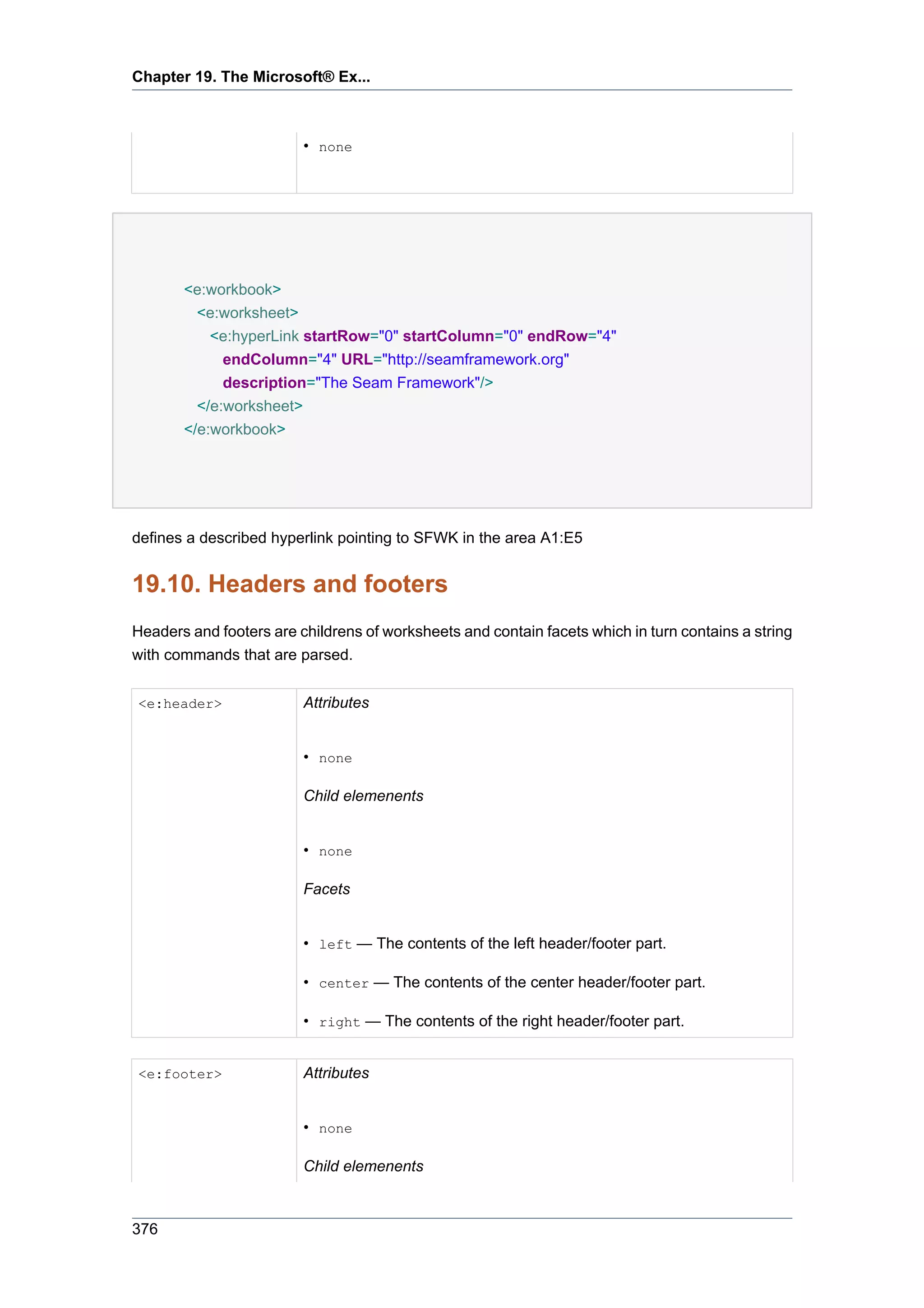 Chapter 19. The Microsoft® Ex...



                         • none




       <e:workbook>
        <e:worksheet>
           <e:hyperLink startRow="0" startColumn="0" endRow="4"
             endColumn="4" URL="http://seamframework.org"
             description="The Seam Framework"/>
         </e:worksheet>
       </e:workbook>




defines a described hyperlink pointing to SFWK in the area A1:E5


19.10. Headers and footers
Headers and footers are childrens of worksheets and contain facets which in turn contains a string
with commands that are parsed.


<e:header>               Attributes


                         • none

                         Child elemenents


                         • none

                         Facets


                         • left — The contents of the left header/footer part.

                         • center — The contents of the center header/footer part.

                         • right — The contents of the right header/footer part.


<e:footer>               Attributes


                         • none

                         Child elemenents



376
 