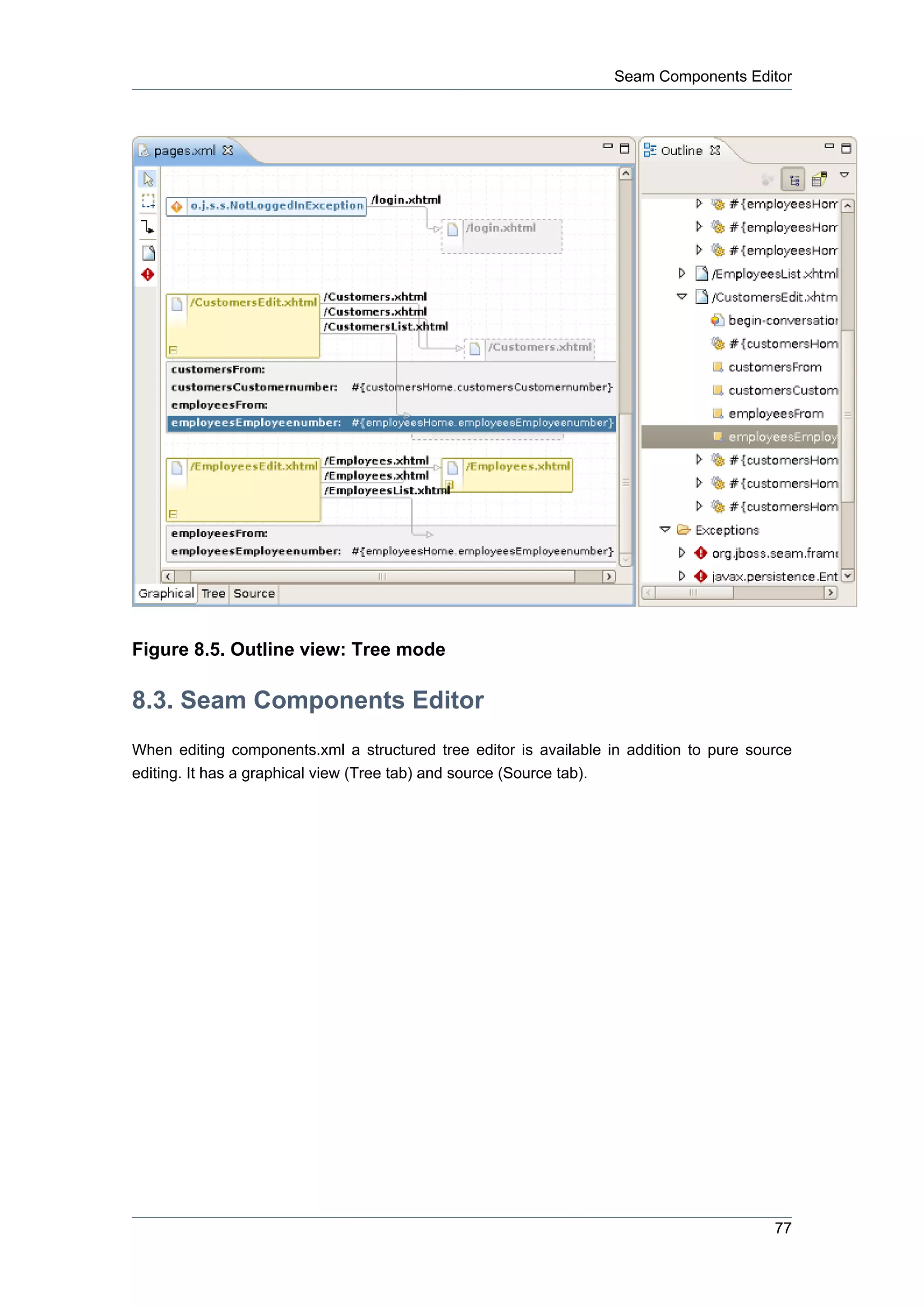 Seam Components Editor




Figure 8.5. Outline view: Tree mode

8.3. Seam Components Editor
When editing components.xml a structured tree editor is available in addition to pure source
editing. It has a graphical view (Tree tab) and source (Source tab).




                                                                                         77
 