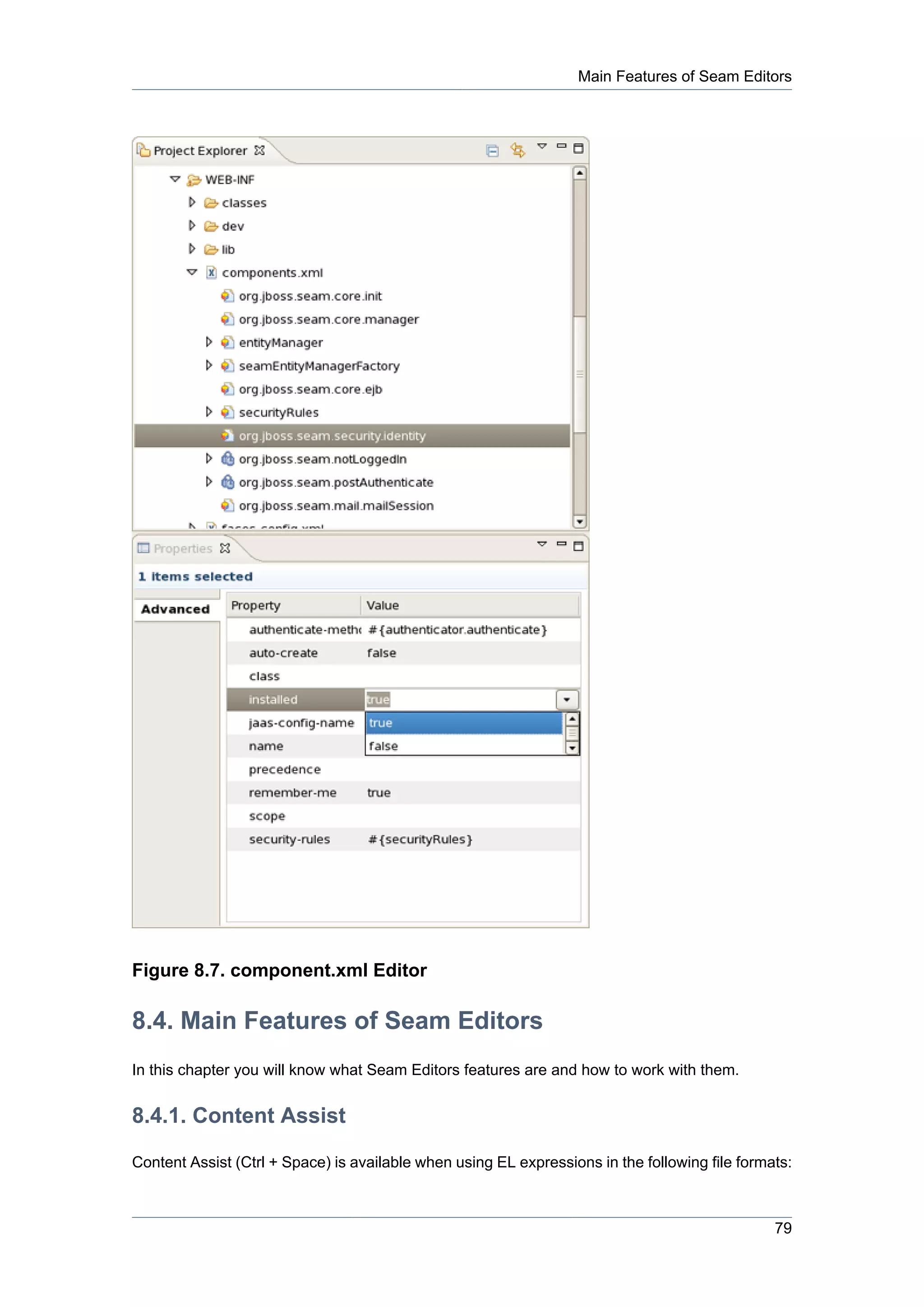 Main Features of Seam Editors




Figure 8.7. component.xml Editor

8.4. Main Features of Seam Editors
In this chapter you will know what Seam Editors features are and how to work with them.


8.4.1. Content Assist

Content Assist (Ctrl + Space) is available when using EL expressions in the following file formats:



                                                                                                79
 