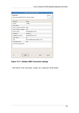 How to create the CRUD Database Application with Seam




Figure 13.11. Validate JDBC Connection settings


• After clicking Finish two projects crudapp and crudapp-test will be created.




                                                                                     133
 