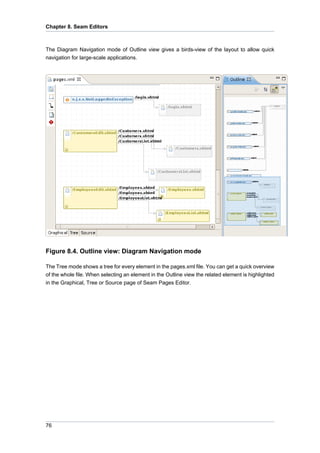 Chapter 8. Seam Editors



The Diagram Navigation mode of Outline view gives a birds-view of the layout to allow quick
navigation for large-scale applications.




Figure 8.4. Outline view: Diagram Navigation mode

The Tree mode shows a tree for every element in the pages.xml file. You can get a quick overview
of the whole file. When selecting an element in the Outline view the related element is highlighted
in the Graphical, Tree or Source page of Seam Pages Editor.




76
 