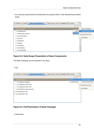 Seam Components View



• as a node per scope where the components are grouped under a node representing its default
  scope.




Figure 9.4. Node Scope Presentation of Seam Components

The Seam Packages can be presented in two ways:



• Flat




Figure 9.5. Flat Presentation of Seam Packages


• Hierarchical




                                                                                         95
 