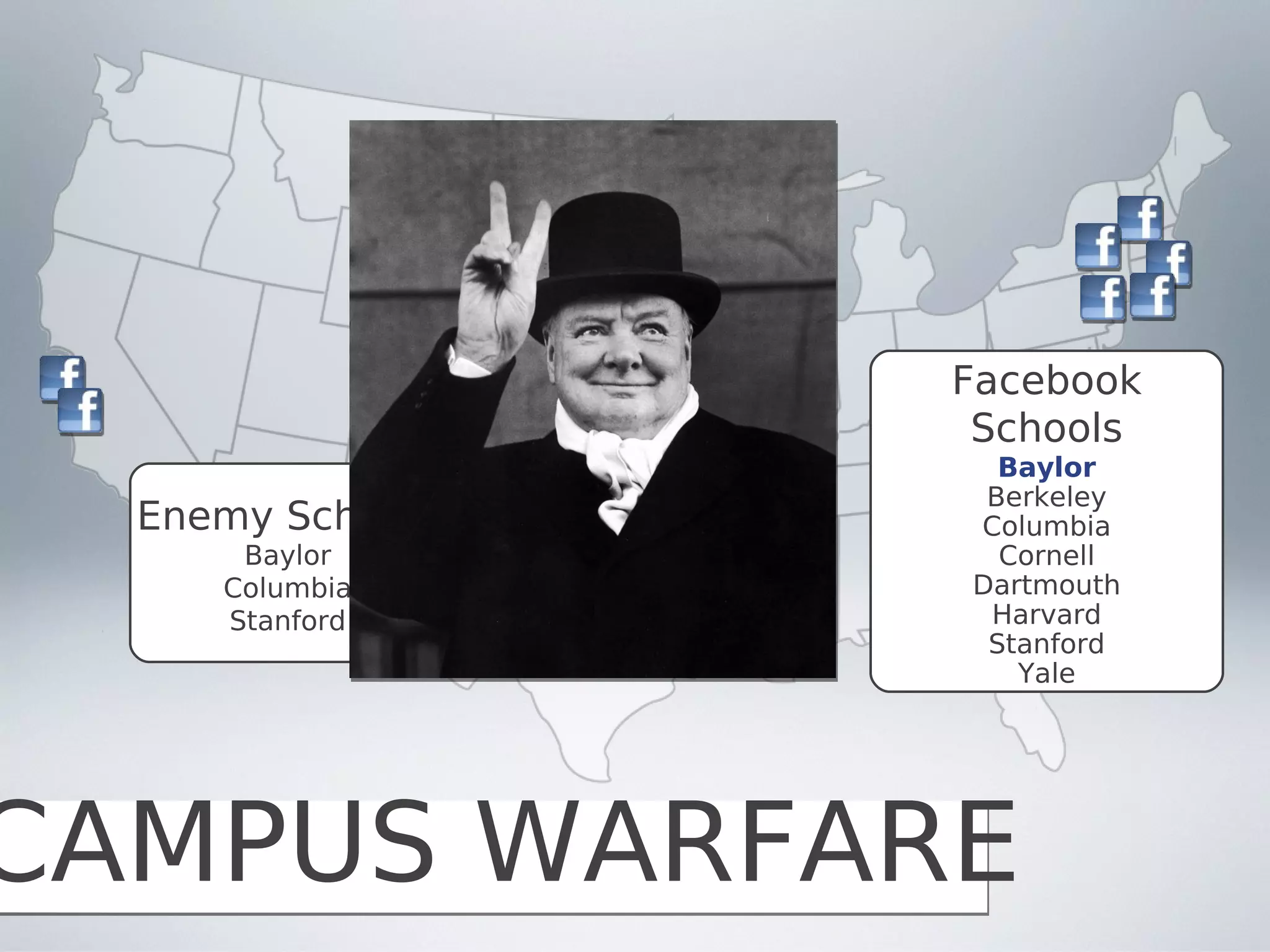 Tactical      Facebook
                   Schools        Schools
                                 Facebook
                  Southwestern     Berkeley
                                    Baylor
                   Texas A&M      Schools
                                  Columbia
                                   Berkeley
  Enemy Schools       UTA          Berkeley
                                    Cornell
                                  Columbia
      Baylor                        Cornell
                                  Dartmouth
     Columbia                      Harvard
                                  Dartmouth
     Stanford                     Stanford
                                   Harvard
                                     Yale
                                   Stanford
                                     Yale
                                     Yale




CAMPUS WARFARE
 