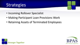 2015 Partner ConferenceStronger Together
Strategies
• Incoming Rollover Specialist
• Making Participant Loan Provisions Work
• Retaining Assets of Terminated Employees
 