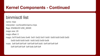 Kernel Components - Continued
binmisctl list
name: mips
interpreter: /usr/local/bin/qemu-mips
flags: ENABLED USE_MASK
magic size: 20
magic offset: 0
magic: 0x7f 0x45 0x4c 0x46 0x01 0x02 0x01 0x00 0x00 0x00 0x00 0x00
0x00 0x00 0x00 0x00 0x00 0x02 0x00 0x08
mask: 0xff 0xff 0xff 0xff 0xff 0xff 0xff 0x00 0xff 0xff 0xff 0xff
0xff 0xff 0xff 0xff 0xff 0xfe 0xff 0xff
 