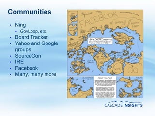 Communities
•   Ning
    • GovLoop, etc.
•   Board Tracker
•   Yahoo and Google
    groups
•   SourceCon
•   IRE
•   Facebook
•   Many, many more




4/26/2011              26
 