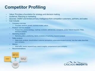 Competitor Profiling
     •   Value: Provides a foundation for strategy and decision making
     •   Audience: Planning or marketing
     •   Sources: OSINT and limited primary intelligence from competitor customers, partners, and sales
     •   Can include:
             •   Company overview
                 •    Founded, revenue, growth, business model, culture
             •   Product / service analysis
                 •    Product line, product strategy, roadmap, evolution, deficiencies, complaints, praise, feature requests, FAQs,
                      teardown analysis
             •   Marketing analysis
                 •    Marketing pillars, positioning, claims, evolution of marketing, keyword analysis
             •   Sales analysis
                 •    Sales tactic analysis, direct/indirect, customer perceptions, subscription/support annuity, how their sales describes
                      your company,
             •   Metrics
                 •    Web traffic, trends, keyword buys, search insights, comparisons to your company
             •   Recommendations


                 Qualitative
                 (IDI’s, etc.)

                                 Hands On
     OSINT
                                 Tech Exp.


                 Actionable
                  Insights



67
 
