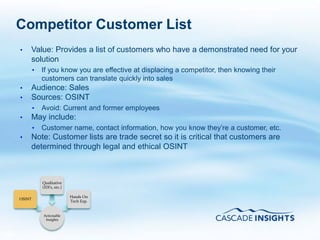 Competitor Customer List
     •   Value: Provides a list of customers who have a demonstrated need for your
         solution
             •   If you know you are effective at displacing a competitor, then knowing their
                 customers can translate quickly into sales
     •   Audience: Sales
     •   Sources: OSINT
             •   Avoid: Current and former employees
     •   May include:
             •   Customer name, contact information, how you know they’re a customer, etc.
     •   Note: Customer lists are trade secret so it is critical that customers are
         determined through legal and ethical OSINT



                 Qualitative
                 (IDI’s, etc.)

                                 Hands On
     OSINT
                                 Tech Exp.


                 Actionable
                  Insights



69
 