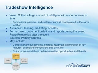 Tradeshow Intelligence
     •   Value: Collect a large amount of intelligence in a short amount of
         time
             • Competitors, partners, and customers are all concentrated in the same
               location
     •   Audience: Planning, marketing, or sales
     •   Format: Word document bulletins and reports during the event,
         PowerPoint rollup after the event
     •   Sources: Primary sources
     •   May include:
             • Competitor announcements, strategy, roadmap, examination of key
               features, analysis of competitor sales pitch, etc.
             • Quick recommendations on time-sensitive opportunities and threats
               Qualitative
               (IDI’s, etc.)

                               Hands On
     OSINT
                               Tech Exp.


                Actionable
                 Insights



70
 