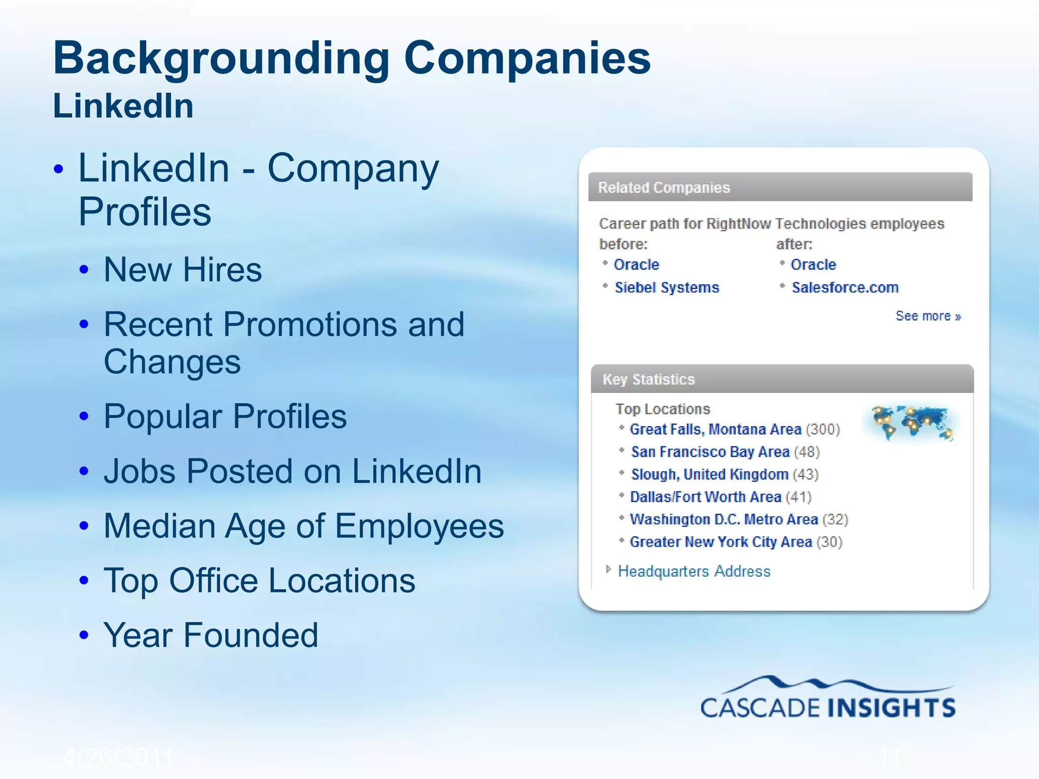Backgrounding Companies
LinkedIn
• LinkedIn - Company
Profiles
• New Hires
• Recent Promotions and
Changes
• Popular Profiles
• Jobs Posted on LinkedIn
• Median Age of Employees
• Top Office Locations
• Year Founded
4/26/2011 11
 