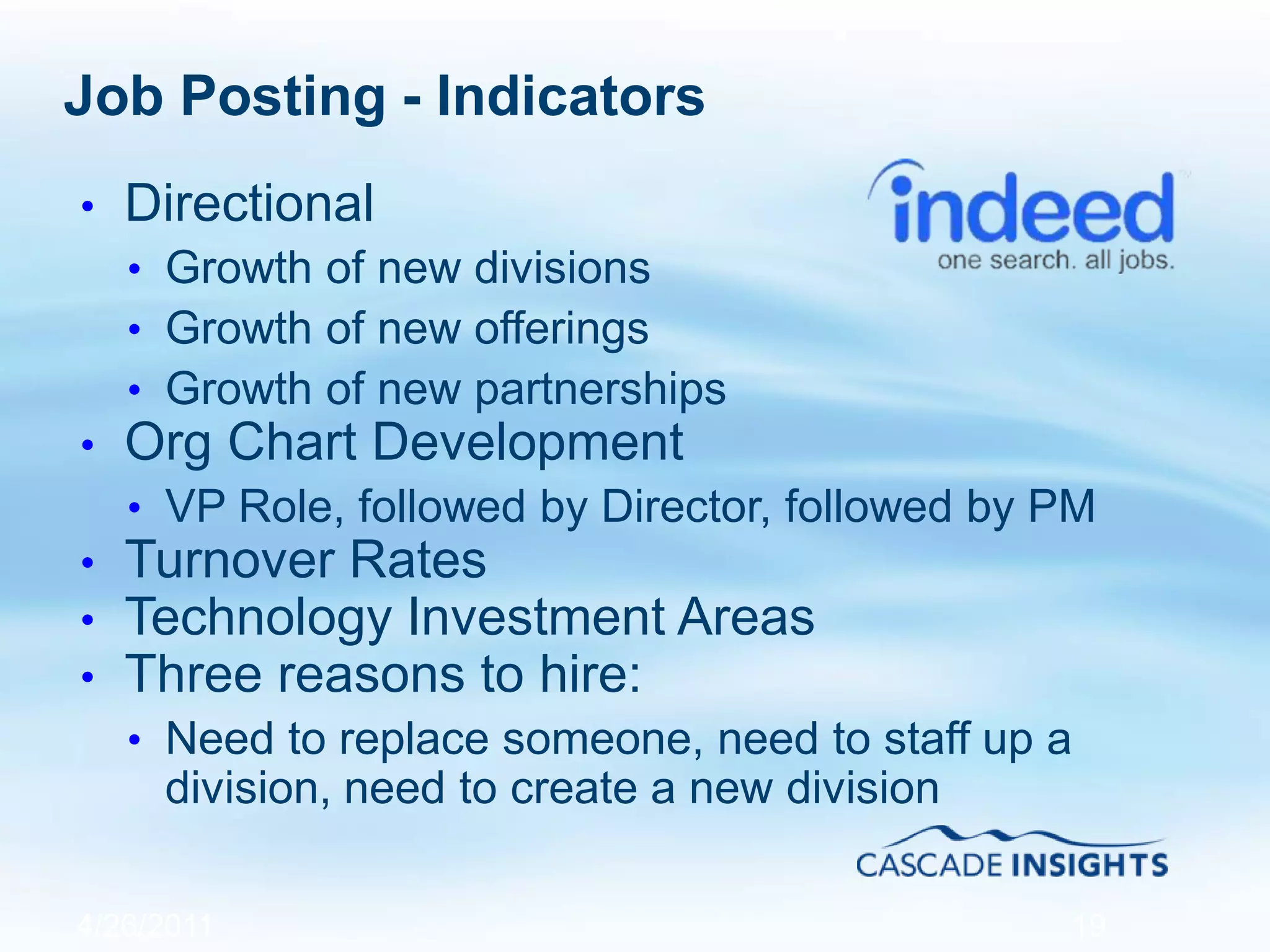 Job Posting - Indicators
• Directional
• Growth of new divisions
• Growth of new offerings
• Growth of new partnerships
• Org Chart Development
• VP Role, followed by Director, followed by PM
• Turnover Rates
• Technology Investment Areas
• Three reasons to hire:
• Need to replace someone, need to staff up a
division, need to create a new division
4/26/2011 19
 