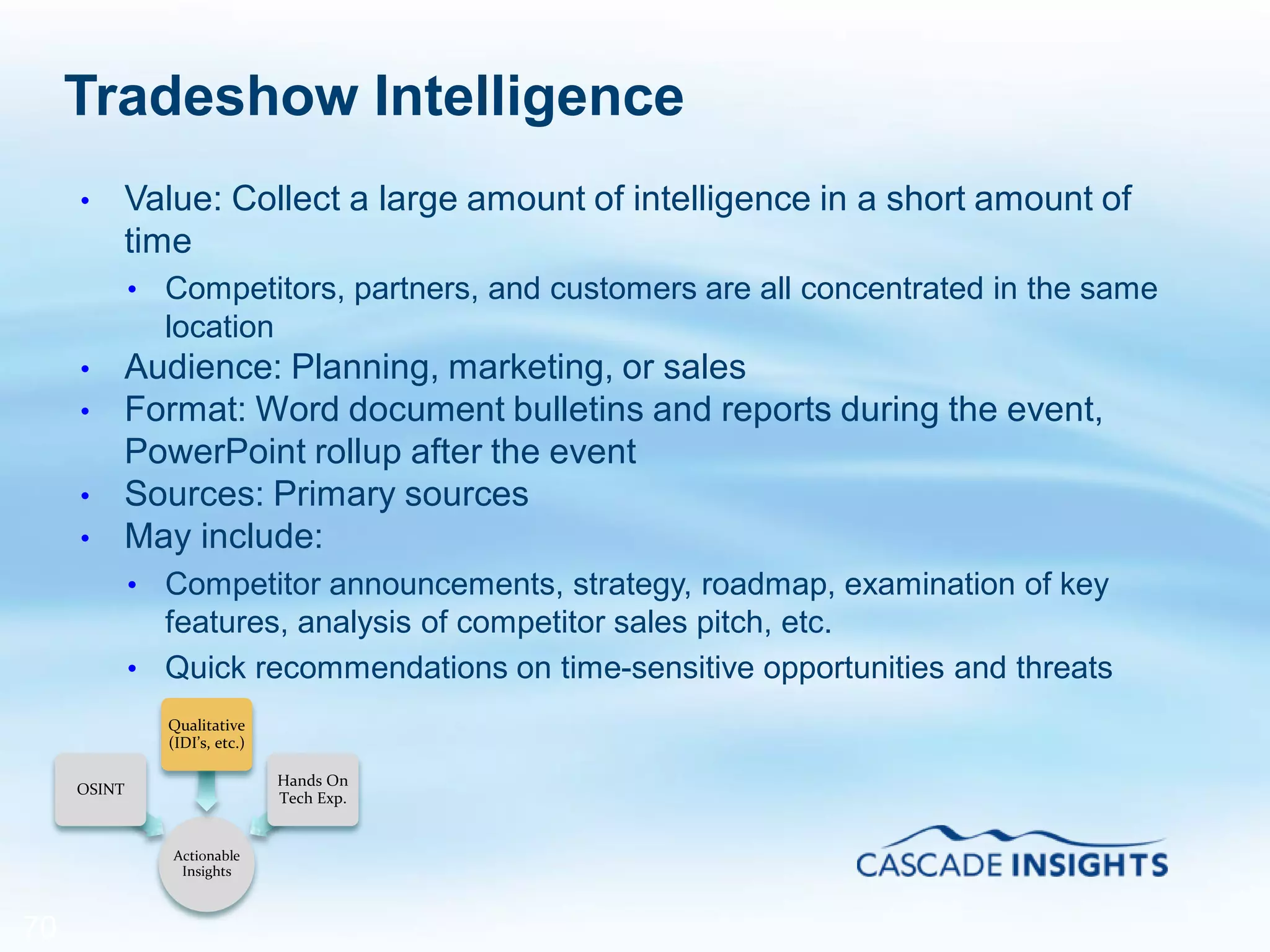 Tradeshow Intelligence
• Value: Collect a large amount of intelligence in a short amount of
time
• Competitors, partners, and customers are all concentrated in the same
location
• Audience: Planning, marketing, or sales
• Format: Word document bulletins and reports during the event,
PowerPoint rollup after the event
• Sources: Primary sources
• May include:
• Competitor announcements, strategy, roadmap, examination of key
features, analysis of competitor sales pitch, etc.
• Quick recommendations on time-sensitive opportunities and threats
70
Actionable
Insights
OSINT
Qualitative
(IDI’s, etc.)
Hands On
Tech Exp.
 