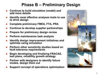 13
Phase B – Preliminary Design
 Continue to build simulation (model) and
add more details
 Identify most effective analyses tools to use
to drive design
 Complete preliminary FMEA, FTA, PRA
 Continue to develop supplier partnerships
 Prepare for preliminary design review
 Perform maintenance task analysis
 Identify design improvement initiatives and
optimize using simulation
 Perform other sensitivity studies based on
fault tolerance requirements
 Begin developing and finalizing FRACAS,
test plans, reliability growth strategy
 Partner with designers to identify failure
modes, design them out
 Support concept of operations optimization
 