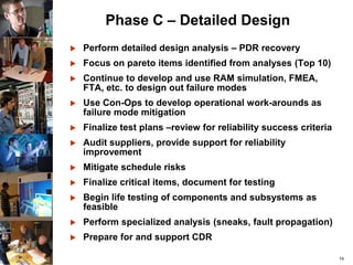 14
Phase C – Detailed Design
 Perform detailed design analysis – PDR recovery
 Focus on pareto items identified from analyses (Top 10)
 Continue to develop and use RAM simulation, FMEA,
FTA, etc. to design out failure modes
 Use Con-Ops to develop operational work-arounds as
failure mode mitigation
 Finalize test plans –review for reliability success criteria
 Audit suppliers, provide support for reliability
improvement
 Mitigate schedule risks
 Finalize critical items, document for testing
 Begin life testing of components and subsystems as
feasible
 Perform specialized analysis (sneaks, fault propagation)
 Prepare for and support CDR
 