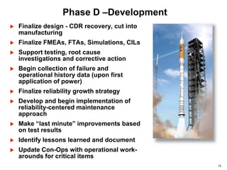 15
Phase D –Development
 Finalize design - CDR recovery, cut into
manufacturing
 Finalize FMEAs, FTAs, Simulations, CILs
 Support testing, root cause
investigations and corrective action
 Begin collection of failure and
operational history data (upon first
application of power)
 Finalize reliability growth strategy
 Develop and begin implementation of
reliability-centered maintenance
approach
 Make “last minute” improvements based
on test results
 Identify lessons learned and document
 Update Con-Ops with operational work-
arounds for critical items
 