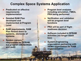 23
Complex Space Systems Application
 Predicated on effective
requirements
implementation
 Detailed RAM Plan
developed and
implemented at Program
Level
 RAM requirements, RAM
Plan flowed down to
systems, elements of
systems
 System owners
responsible for DFRAM,
but program will facilitate
and audit
 Program level analyses
including simulation, FMEA,
PRA being performed
 Verification and validation
will be program level
functions
 PRA will be part of flight
readiness decision
 Software included in DFRAM
activities (no longer black
box)
 System Engineering
organization partnering with
S&MA organization for RAM
implementation
23
 