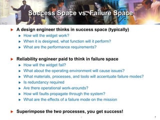 77
Success Space vs. Failure Space
 A design engineer thinks in success space (typically)
 How will the widget work?
 When it is designed, what function will it perform?
 What are the performance requirements?
 Reliability engineer paid to think in failure space
 How will the widget fail?
 What about the operating environment will cause issues?
 What materials, processes, and tools will accentuate failure modes?
 Is redundancy required
 Are there operational work-arounds?
 How will faults propagate through the system?
 What are the effects of a failure mode on the mission
 Superimpose the two processes, you get success!
 