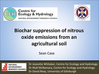 Biochar suppression of nitrous
   oxide emissions from an
       agricultural soil
             Sean Case

      Dr Jeanette Whitaker, Centre for Ecology and Hydrology
      Dr Niall McNamara, Centre for Ecology and Hydrology
      Dr David Reay, University of Edinburgh
 