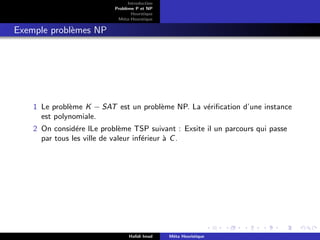 D
r
a
f
t
Introduction
Problème P et NP
Heurstique
Méta-Heurstique
Exemple problèmes NP
1 Le problème K − SAT est un problème NP. La vérification d’une instance
est polynomiale.
2 On considére lLe problème TSP suivant : Exsite il un parcours qui passe
par tous les ville de valeur inférieur à C.
Hafidi Imad Méta Heuristique
 