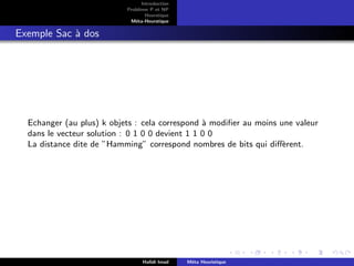 D
r
a
f
t
Introduction
Problème P et NP
Heurstique
Méta-Heurstique
Exemple Sac à dos
Echanger (au plus) k objets : cela correspond à modifier au moins une valeur
dans le vecteur solution : 0 1 0 0 devient 1 1 0 0
La distance dite de ”Hamming” correspond nombres de bits qui diffèrent.
Hafidi Imad Méta Heuristique
 