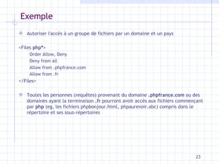 Exemple Autoriser l'accés à un groupe de fichiers par un domaine et un pays <Files  php* >  Order Allow, Deny  Deny from all  Allow from .phpfrance.com  Allow from .fr  </Files> Toutes les personnes (requêtes) provenant du domaine  .phpfrance.com  ou des domaines ayant la terminaison  .fr  pourront avoir accès aux fichiers commençant par  php  (eg, les fichiers phpbonjour.html, phpaurevoir.abc) compris dans le répertoire et ses sous-répertoires  
