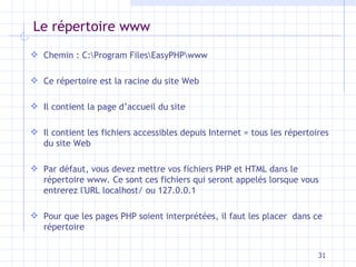 Le répertoire www Chemin : C:\Program Files\EasyPHP\www Ce répertoire est la racine du site Web Il contient la page d’accueil du site Il contient les fichiers accessibles depuis Internet = tous les répertoires du site Web Par défaut, vous devez mettre vos fichiers PHP et HTML dans le répertoire www. Ce sont ces fichiers qui seront appelés lorsque vous entrerez l'URL localhost/ ou 127.0.0.1 Pour que les pages PHP soient interprétées, il faut les placer  dans ce répertoire 