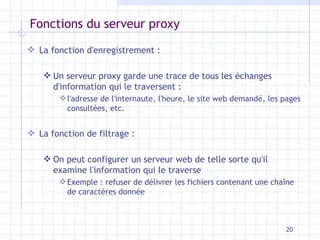 Fonctions du serveur proxy La fonction d'enregistrement : Un serveur proxy garde une trace de tous les échanges d'information qui le traversent :  l'adresse de l'internaute, l'heure, le site web demandé, les pages consultées, etc.  La fonction de filtrage : On peut configurer un serveur web de telle sorte qu'il examine l'information qui le traverse Exemple : refuser de délivrer les fichiers contenant une chaîne de caractères donnée 