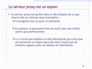 Le serveur proxy est un espion Le serveur proxy est parfait dans le rôle d'espion de ce que chacun fait sur Internet dans l'entreprise :  Il enregistre tout ce qu'on lui demande Le sachant, le personnel évite de surfer pour des motifs autres que professionnels Il y a là de quoi séduire un chef d'entreprise qui craint que son personnel ne s'égare dans des sites n'ayant que de lointains rapports avec ses besoins en information  