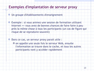 Exemples d'implantation de serveur proxy Un groupe d'établissements d'enseignement Exemple : si vous animez une session de formation utilisant Internet => vous avez de bonnes chances de faire faire à peu près la même chose à tous les participants (un cas de figure qui risque de se reproduire souvent) Dans ce cas, un serveur proxy parait utile : on appelle une seule fois le serveur Web, ensuite l'information se trouve dans le cache, et tous les autres participants vont y accéder rapidement 