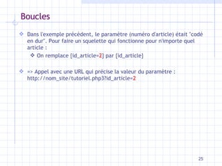 Boucles Dans l'exemple précédent, le paramètre (numéro d'article) était "codé en dur". Pour faire un squelette qui fonctionne pour n'importe quel article : On remplace {id_article= 2 } par {id_article} => Appel avec une URL qui précise la valeur du paramètre :  http://nom_site/tutoriel.php3?id_article= 2 